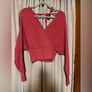 Ribbed Knit Wrap Sweater in Red